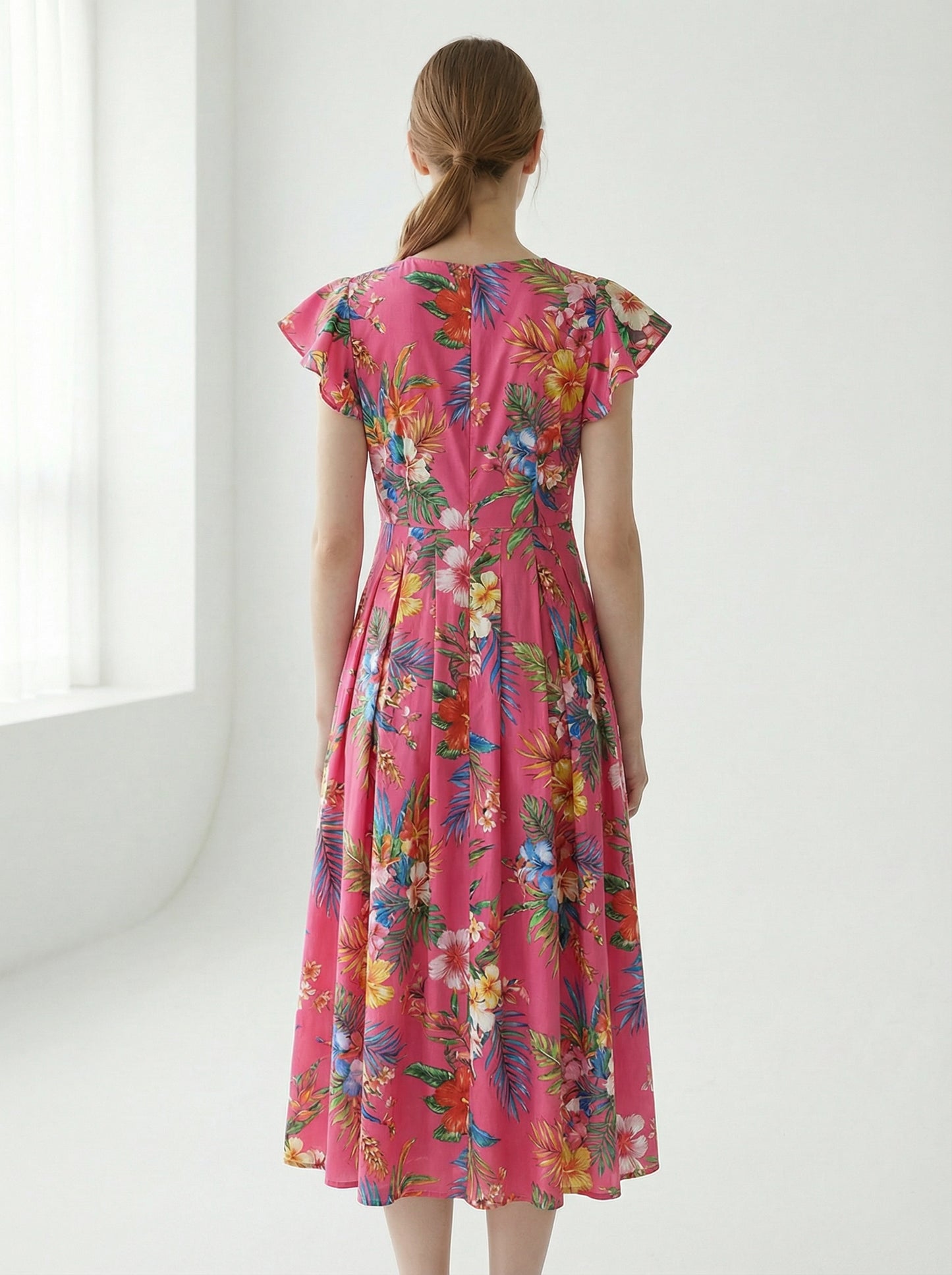 Paloma | Pink Tropical Floral Summer Dress with Flutter Sleeves