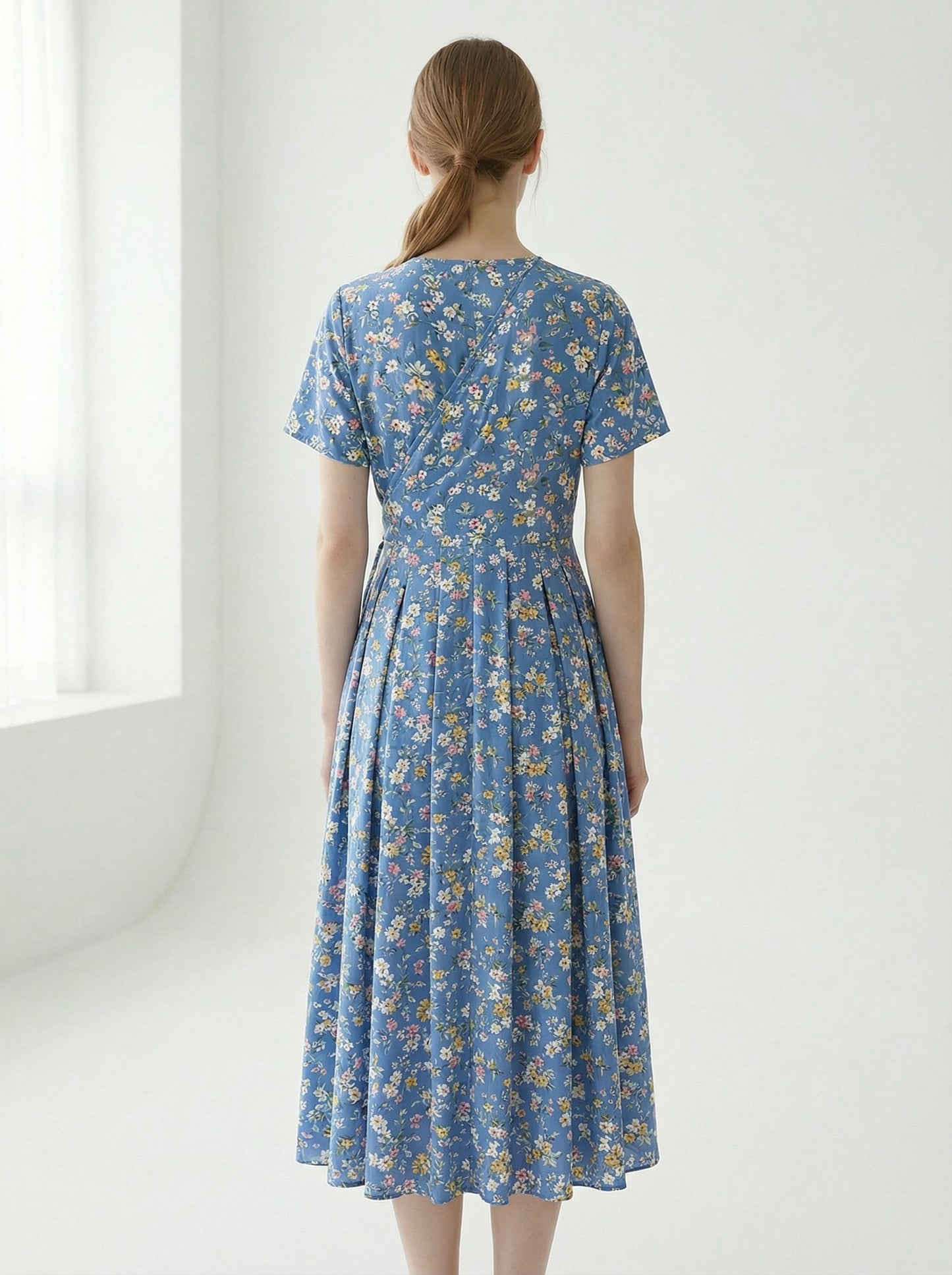 Vivienne | Blue Floral Summer Midi Dress with Wrap Neckline
