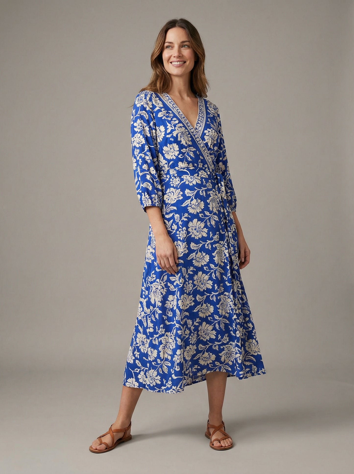 Vivienne | Blue Floral Summer Midi Dress with Wrap Neckline