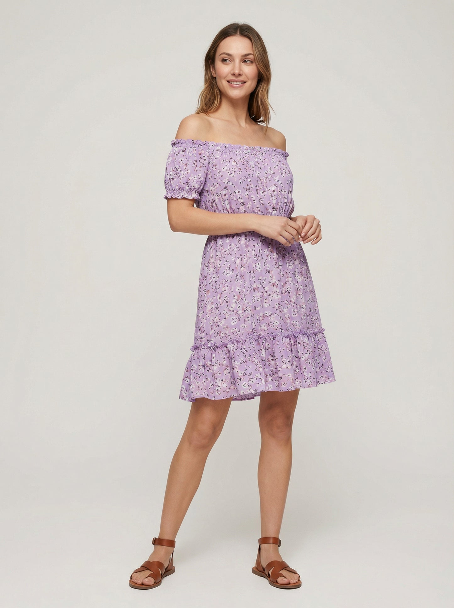 Violet | Lavender Floral Summer Dress with Off-Shoulder Neckline