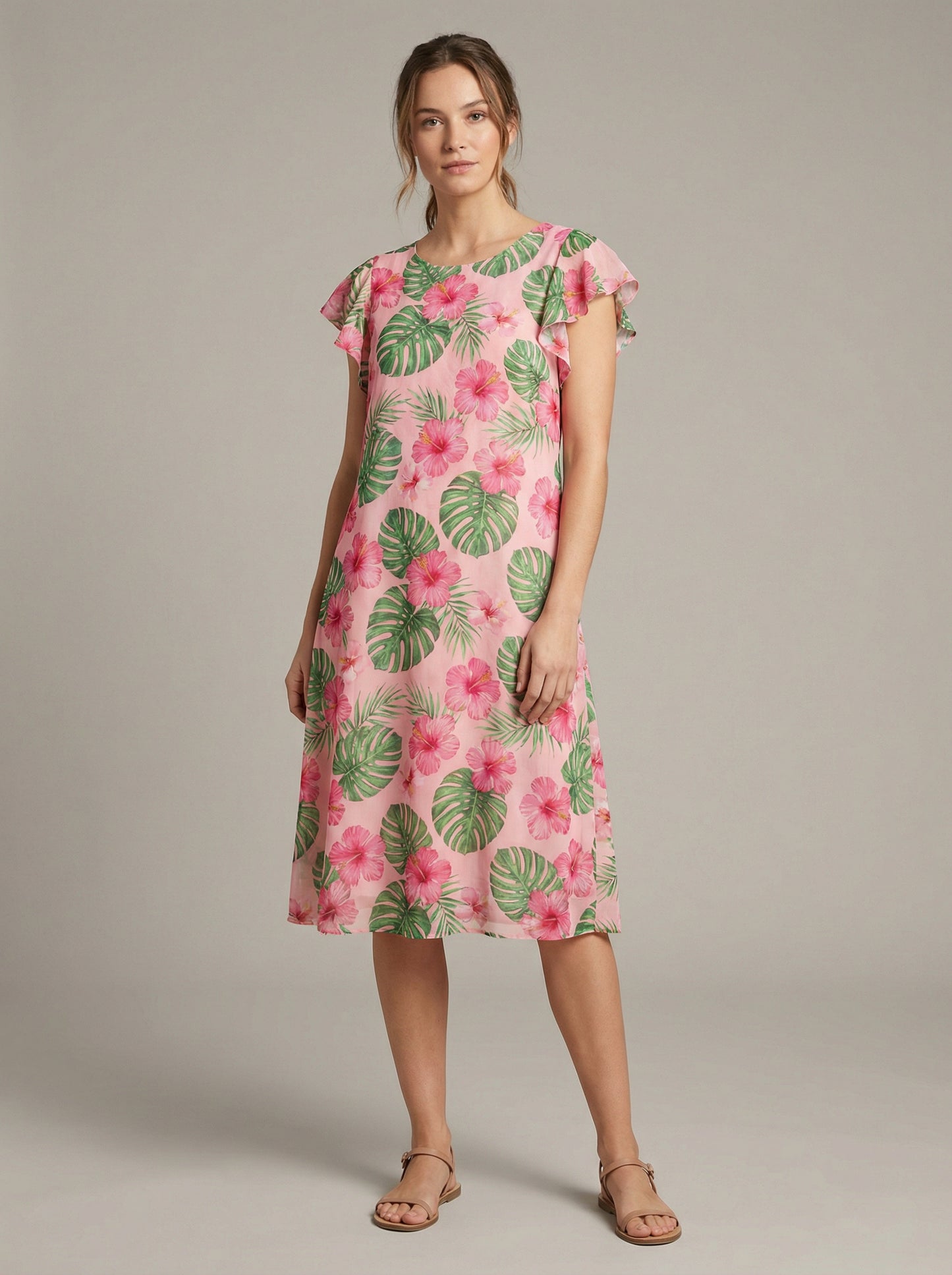 Paloma | Pink Tropical Floral Summer Dress with Flutter Sleeves