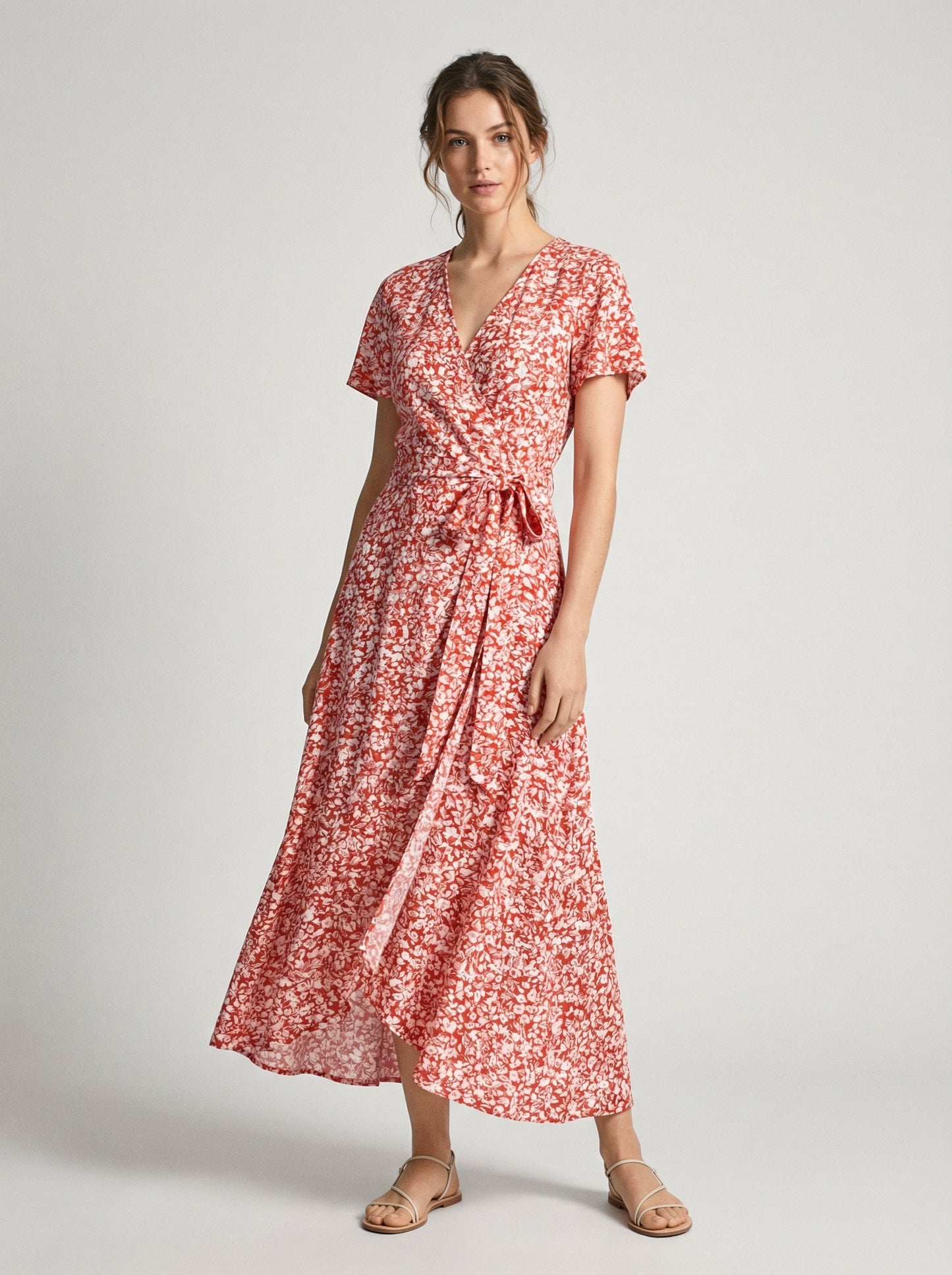 Celia | Red Floral Summer Wrap Dress with Tie Waist