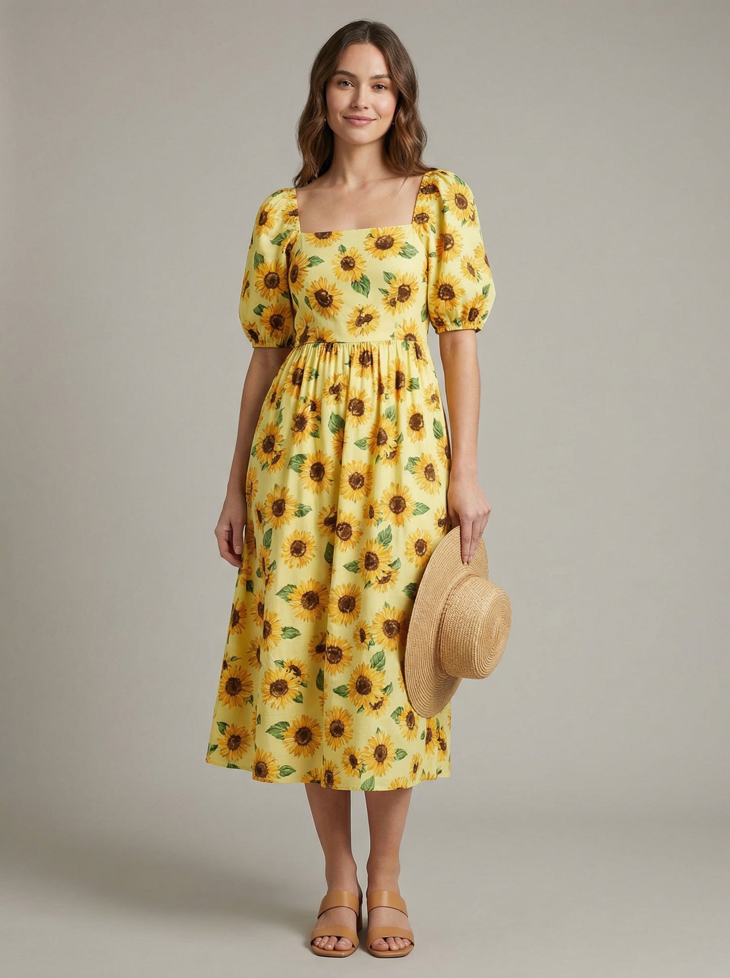 Soleil | Sunflower Print Summer Midi Dress with Puff Sleeves