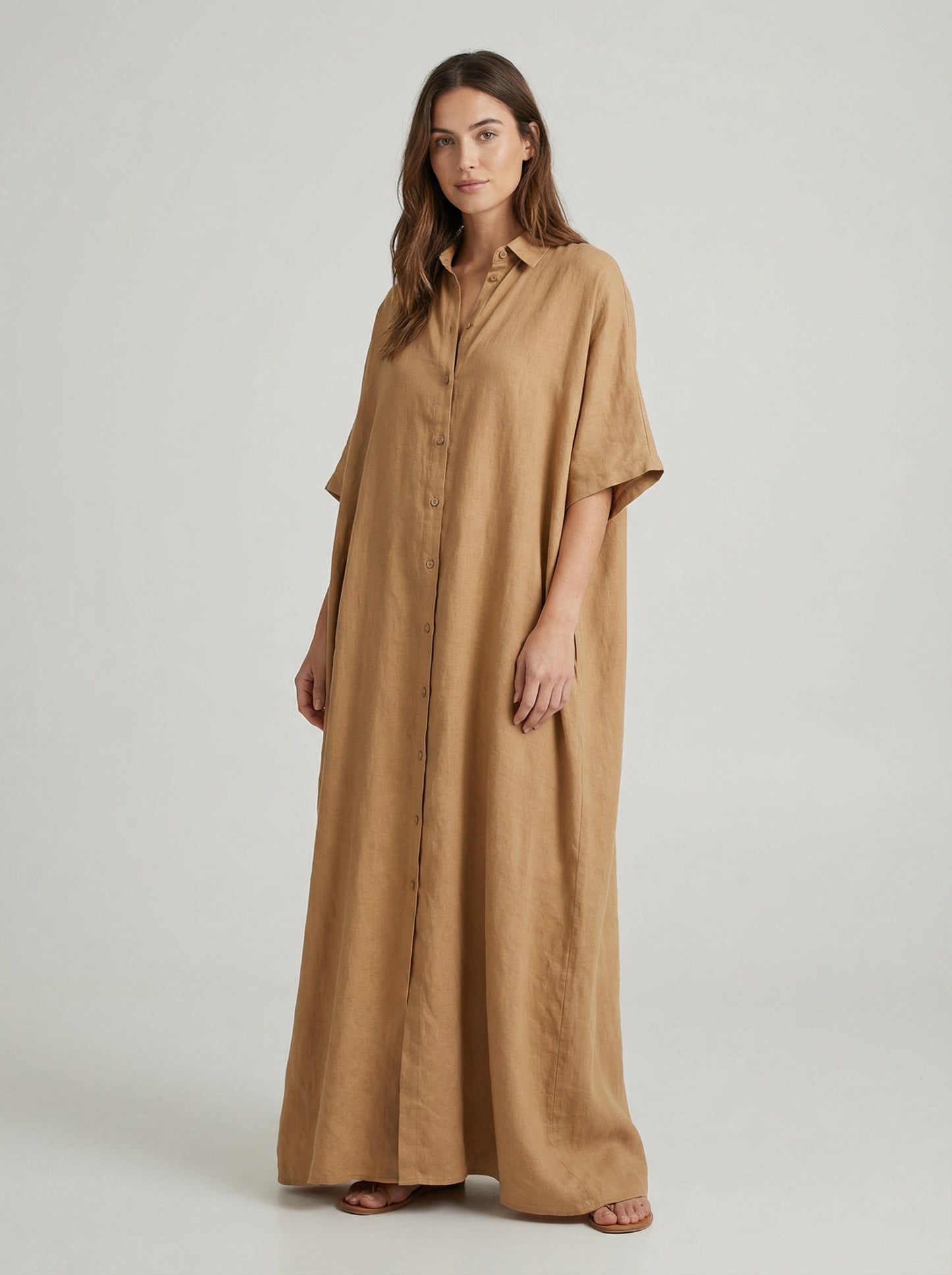 Camille | Camel Tan Summer Maxi Dress with Button Front
