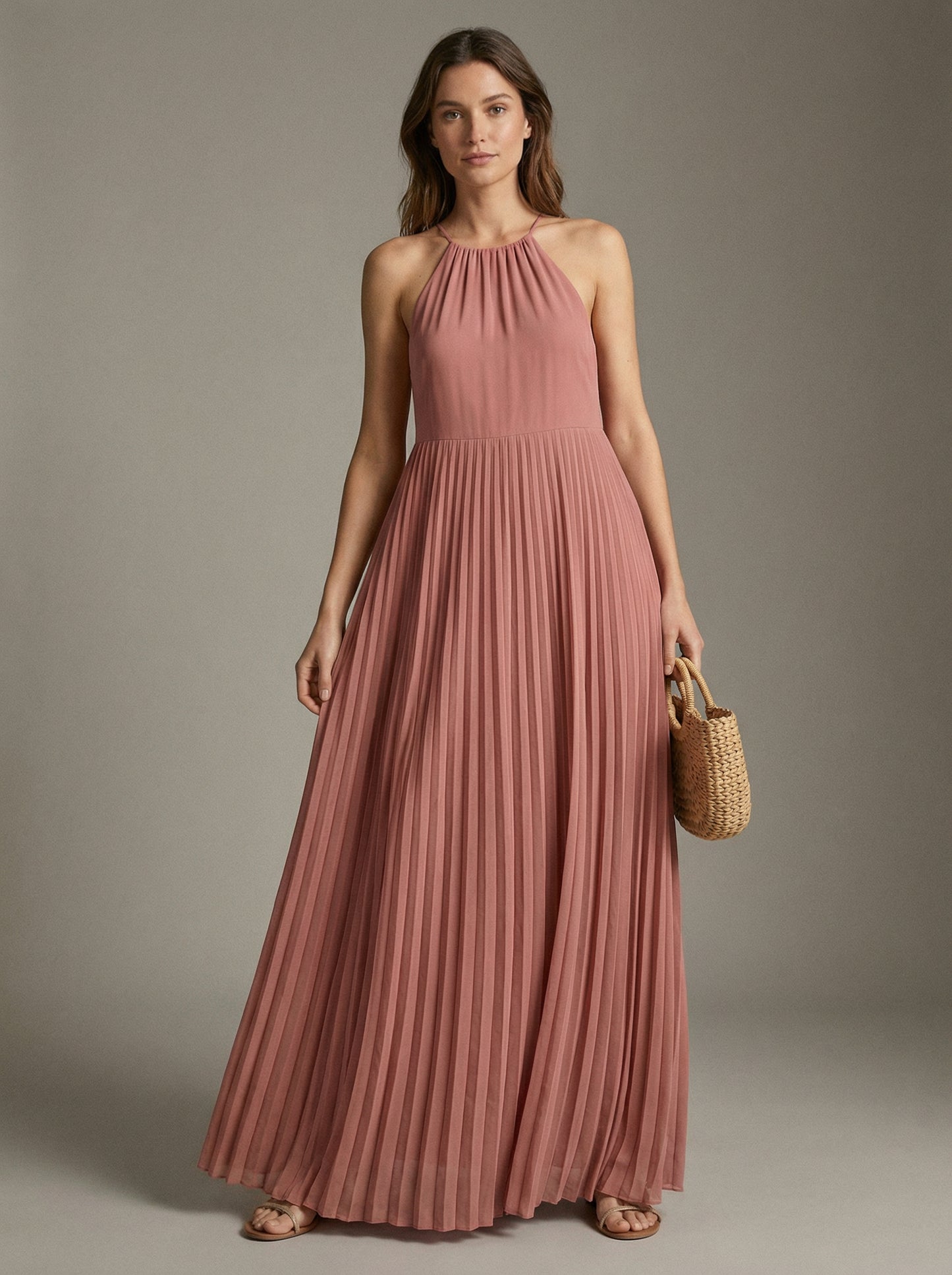 Rosalind | Dusty Rose Summer Maxi Dress with Halter Neck
