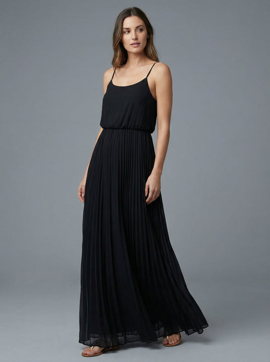 Noir | Black Pleated Summer Dress with Spaghetti Straps