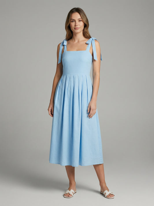 Azure | Sky Blue Pleated Summer Dress with Tie-Shoulder Straps