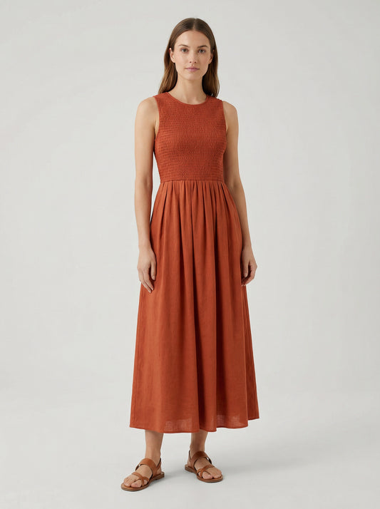 Ember | Terracotta Pleated Summer Dress with Smocked Bodice