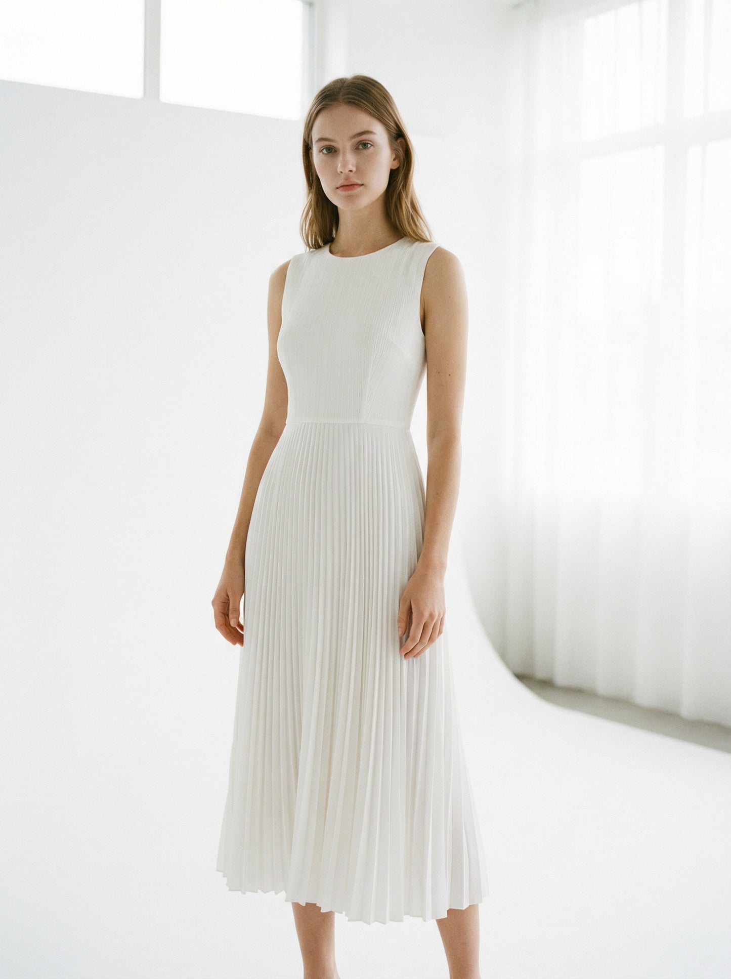 Aria | White Pleated Summer Dress with Sleeveless Bodice