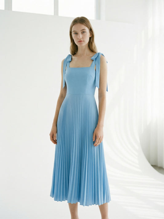Azure | Sky Blue Pleated Summer Dress with Tie-Shoulder Straps