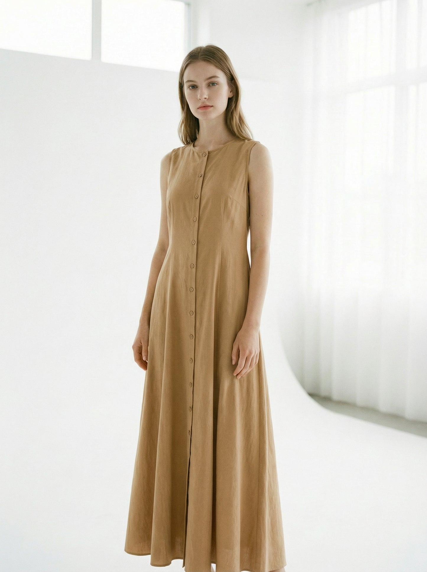Camille | Camel Tan Summer Maxi Dress with Button Front