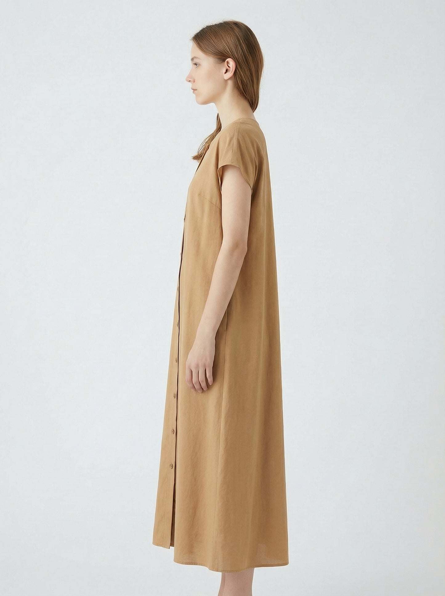 Camille | Camel Tan Summer Maxi Dress with Button Front