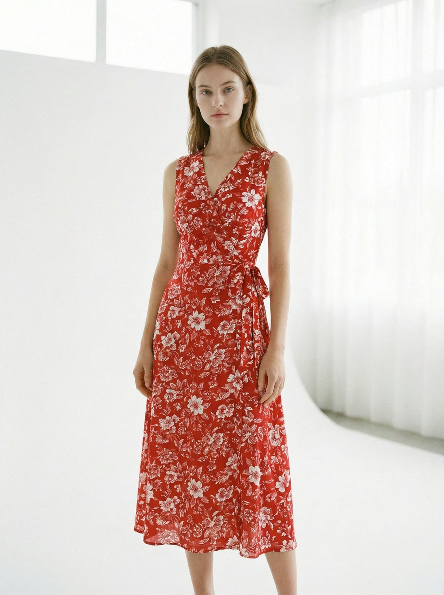 Celia | Red Floral Summer Wrap Dress with Tie Waist