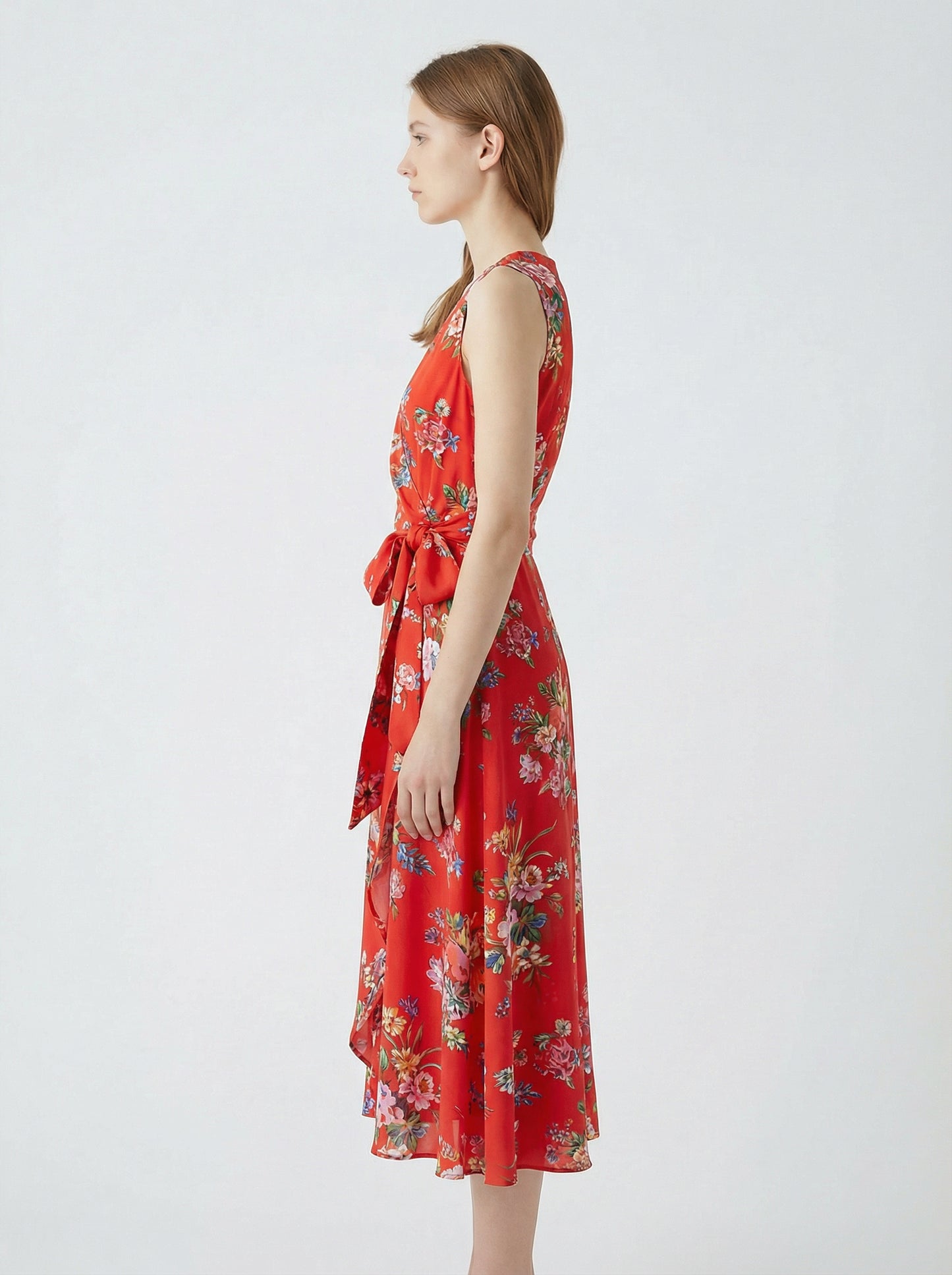 Celia | Red Floral Summer Wrap Dress with Tie Waist
