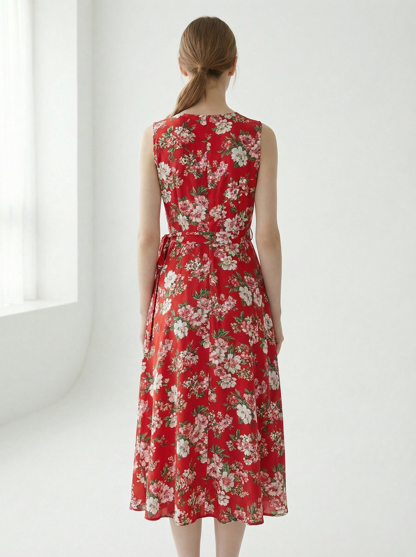 Celia | Red Floral Summer Wrap Dress with Tie Waist
