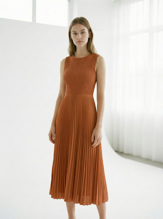 Ember | Terracotta Pleated Summer Dress with Smocked Bodice
