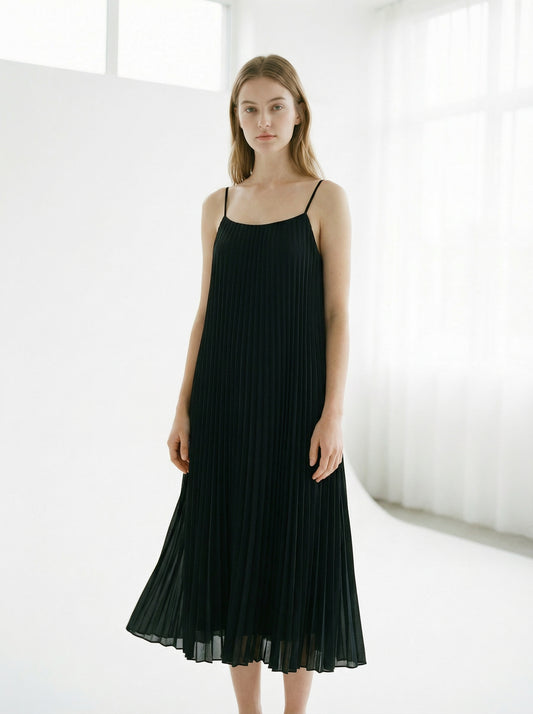 Noir | Black Pleated Summer Dress with Spaghetti Straps