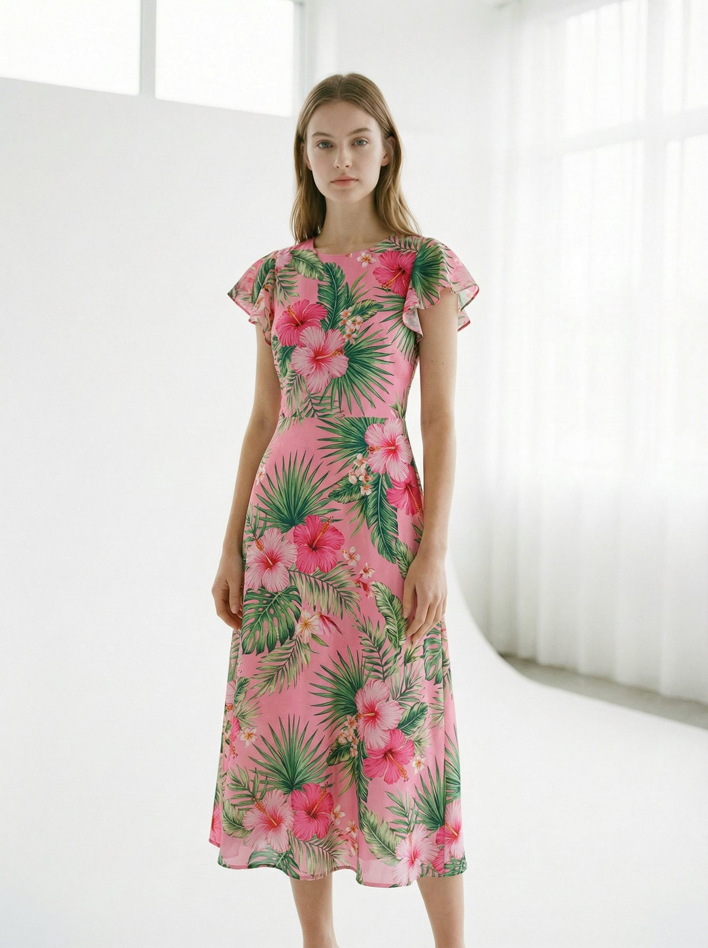 Paloma | Pink Tropical Floral Summer Dress with Flutter Sleeves