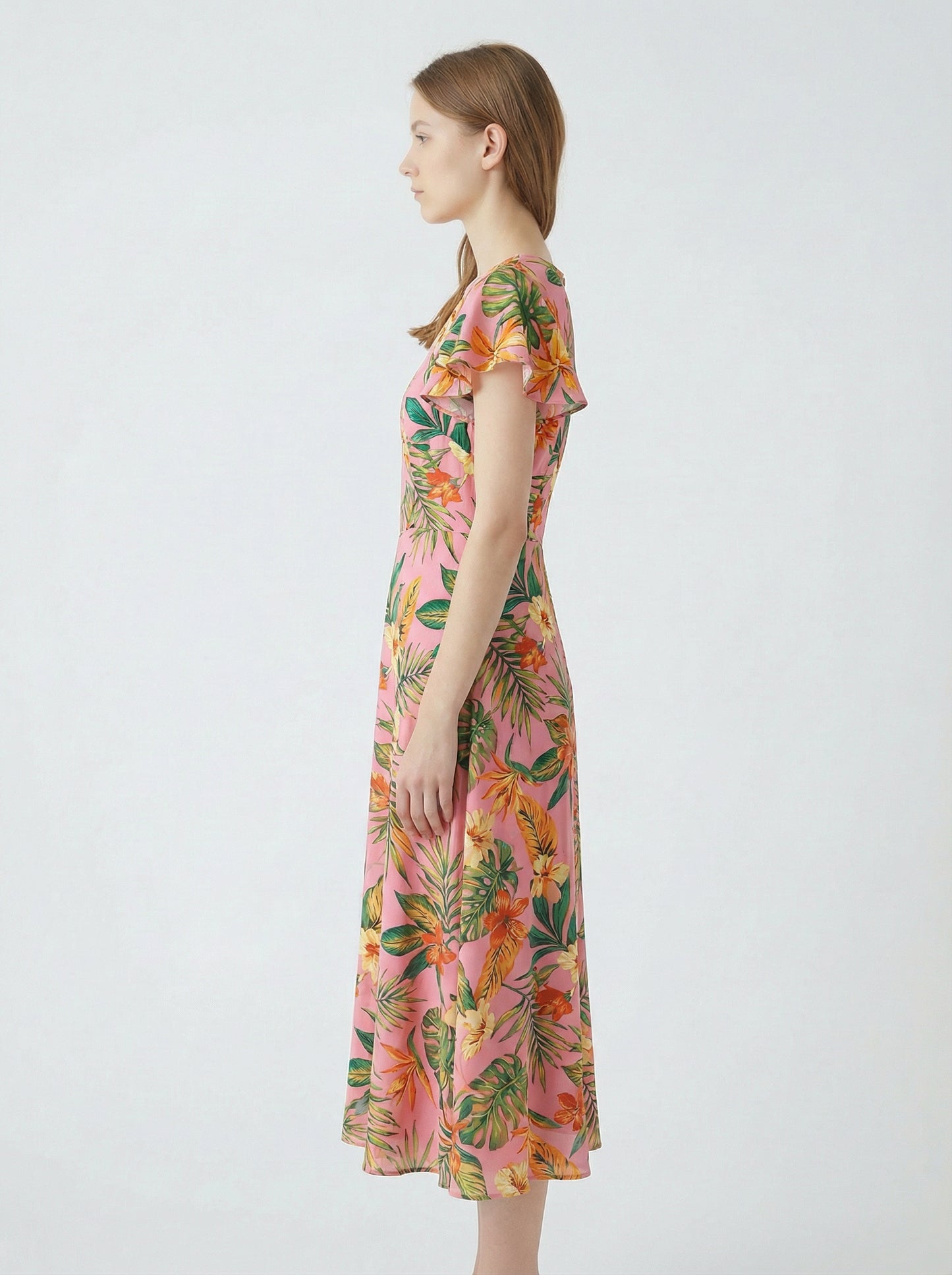Paloma | Pink Tropical Floral Summer Dress with Flutter Sleeves