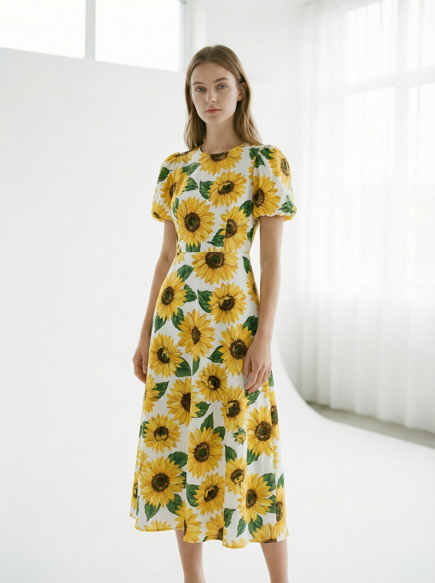 Soleil | Sunflower Print Summer Midi Dress with Puff Sleeves