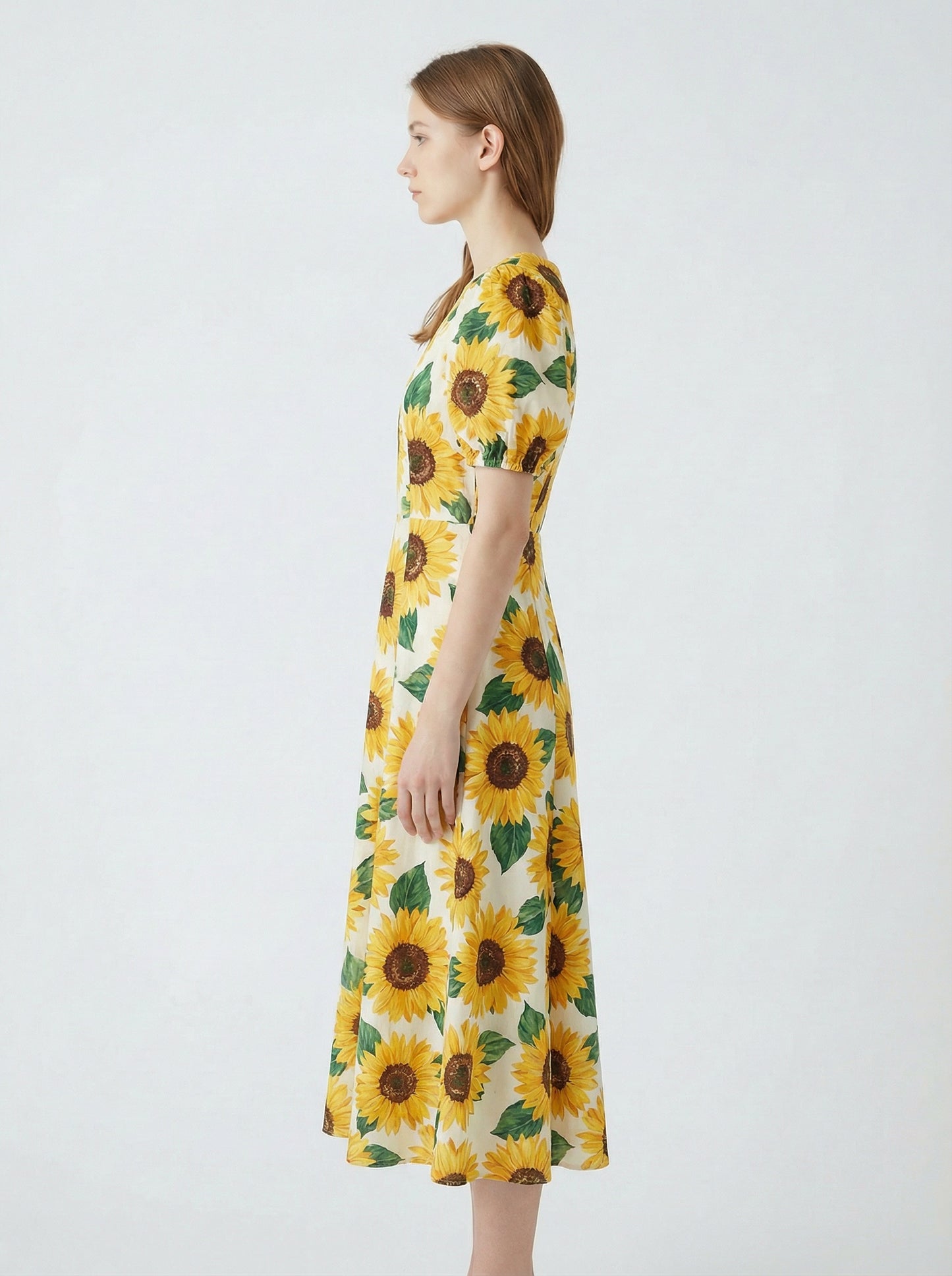 Soleil | Sunflower Print Summer Midi Dress with Puff Sleeves