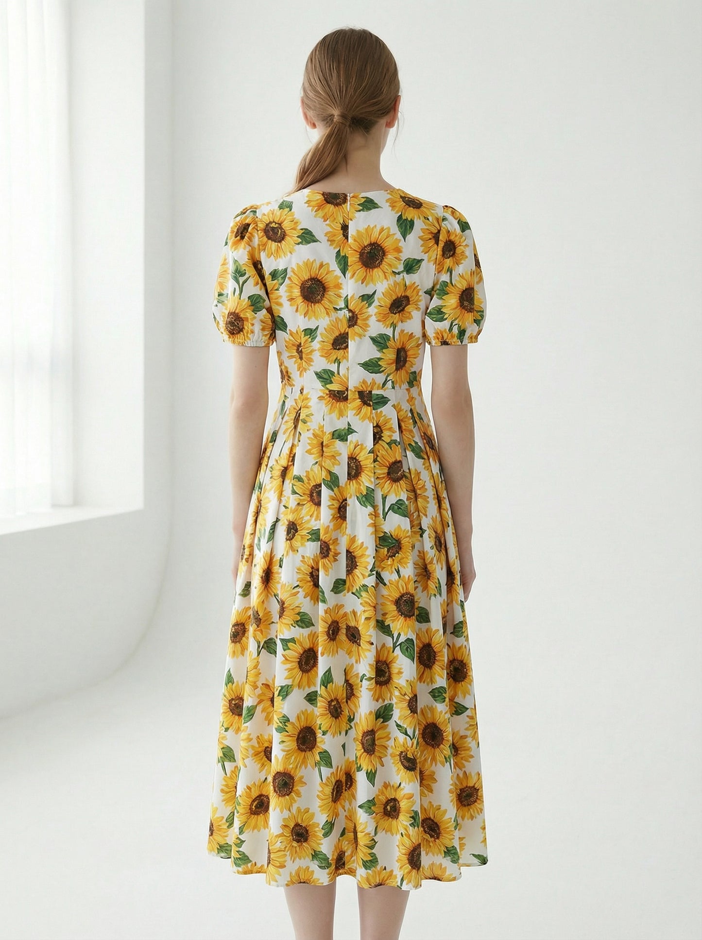 Soleil | Sunflower Print Summer Midi Dress with Puff Sleeves