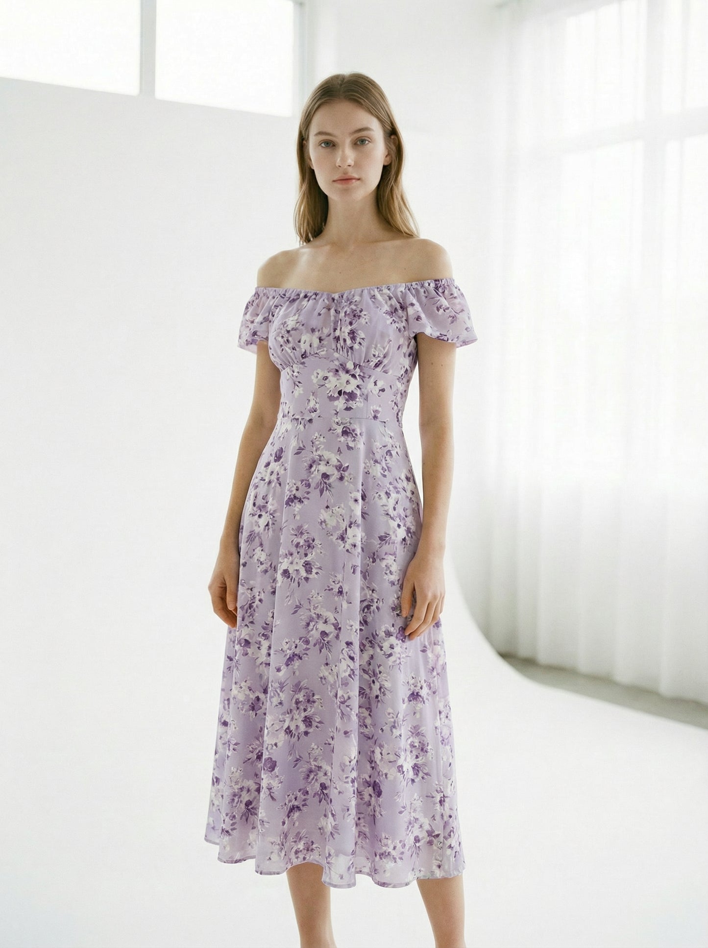 Violet | Lavender Floral Summer Dress with Off-Shoulder Neckline