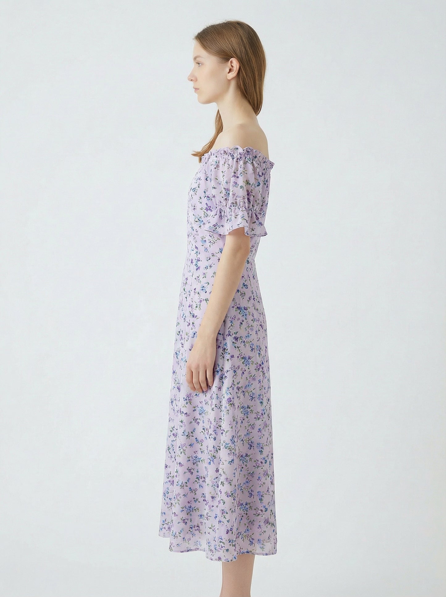 Violet | Lavender Floral Summer Dress with Off-Shoulder Neckline