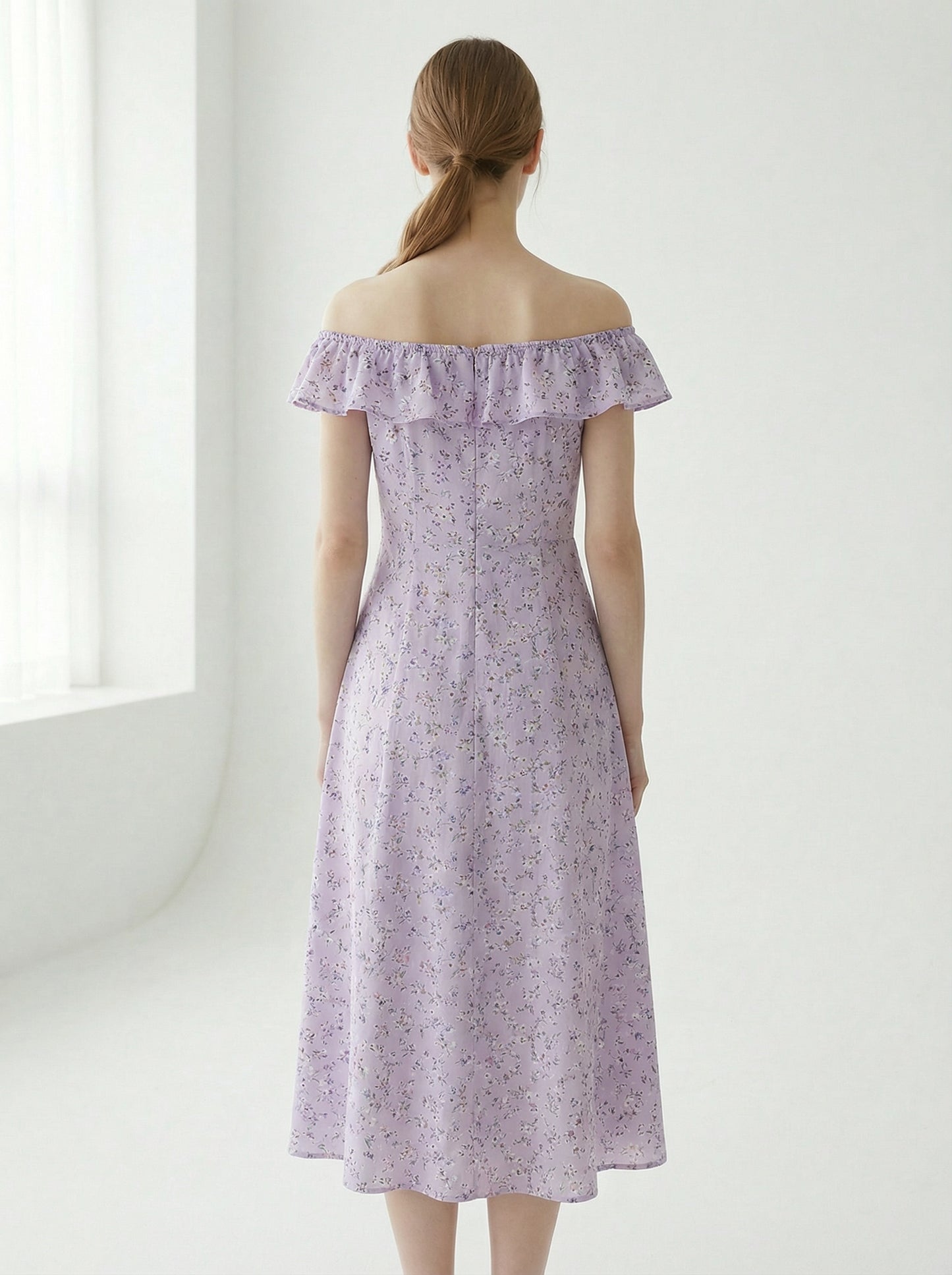 Violet | Lavender Floral Summer Dress with Off-Shoulder Neckline