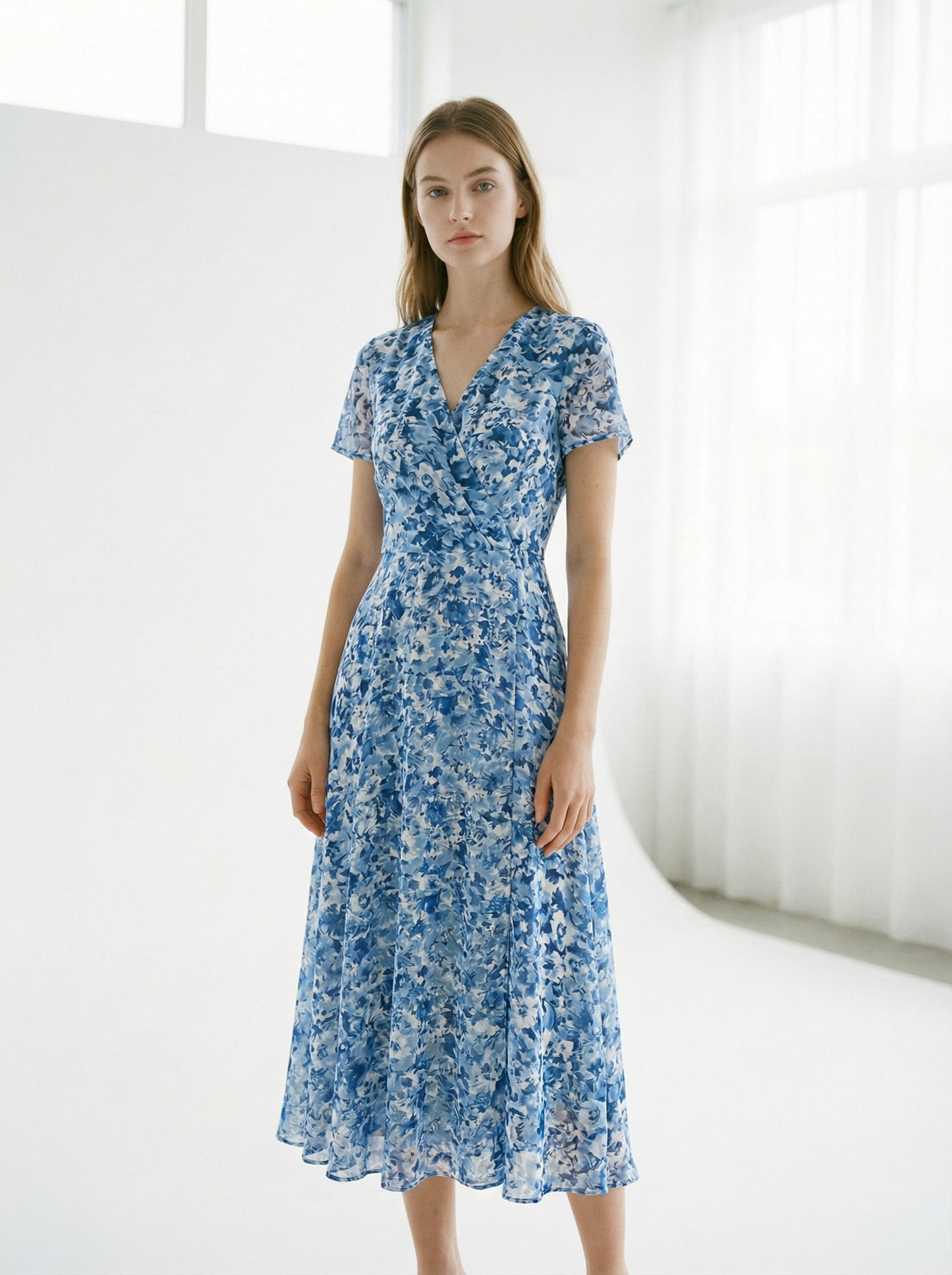 Vivienne | Blue Floral Summer Midi Dress with Wrap Neckline