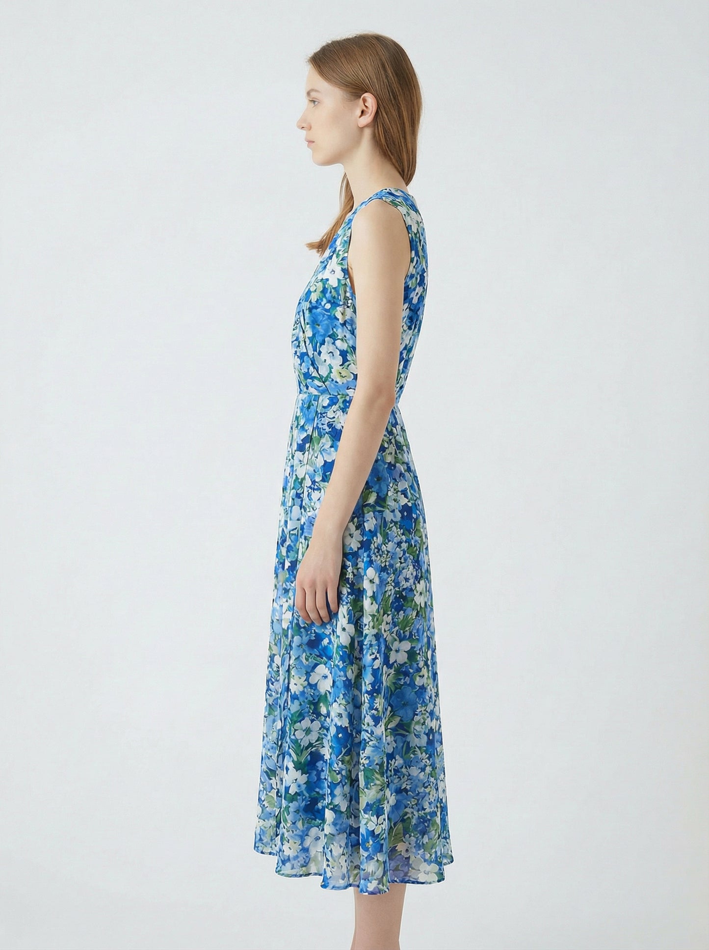 Vivienne | Blue Floral Summer Midi Dress with Wrap Neckline